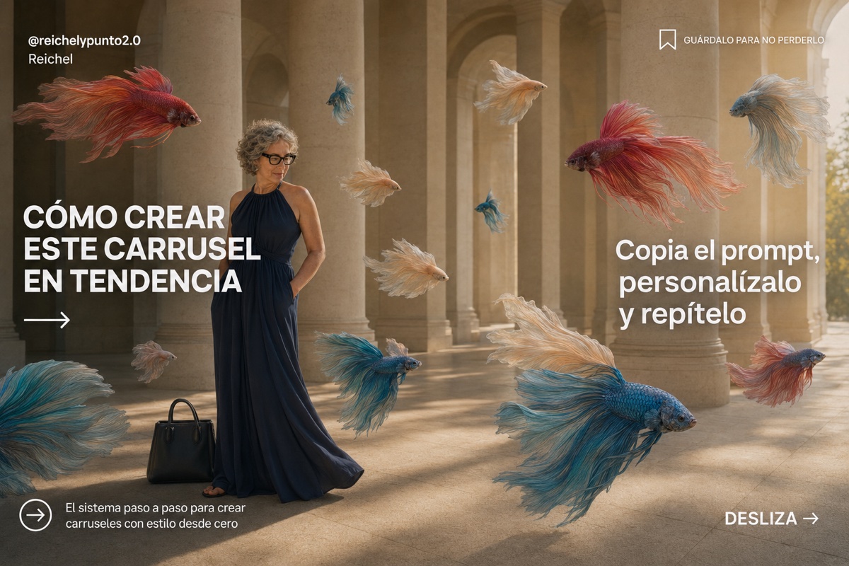 Mockup del carrusel Carruseles Vivos: Reichel entre peces betta que parecen continuar de una escena a otra